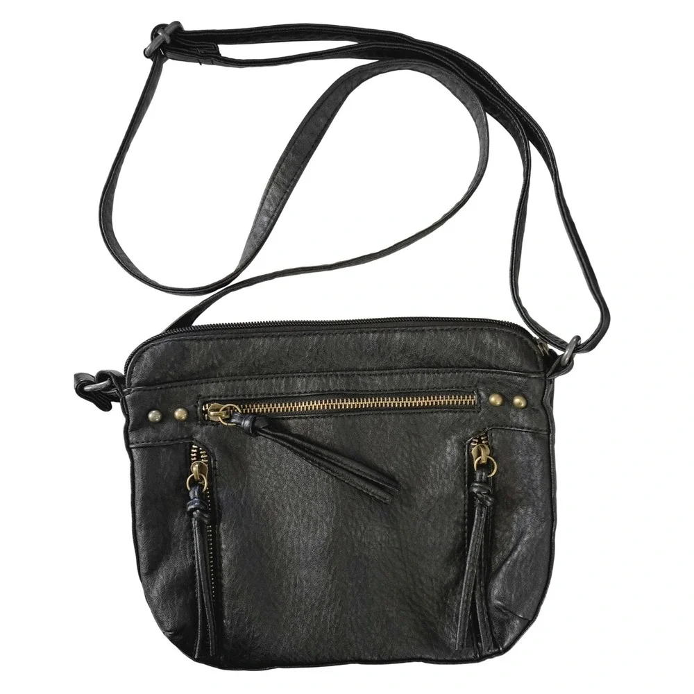 Great American Leatherworks Y2K Black Crossbody Bag Multi Zip Pocket Tassels - Picture 2 of 5